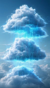 4 cumulous clouds stacked on top of each other with data stream and computer code emanating from them