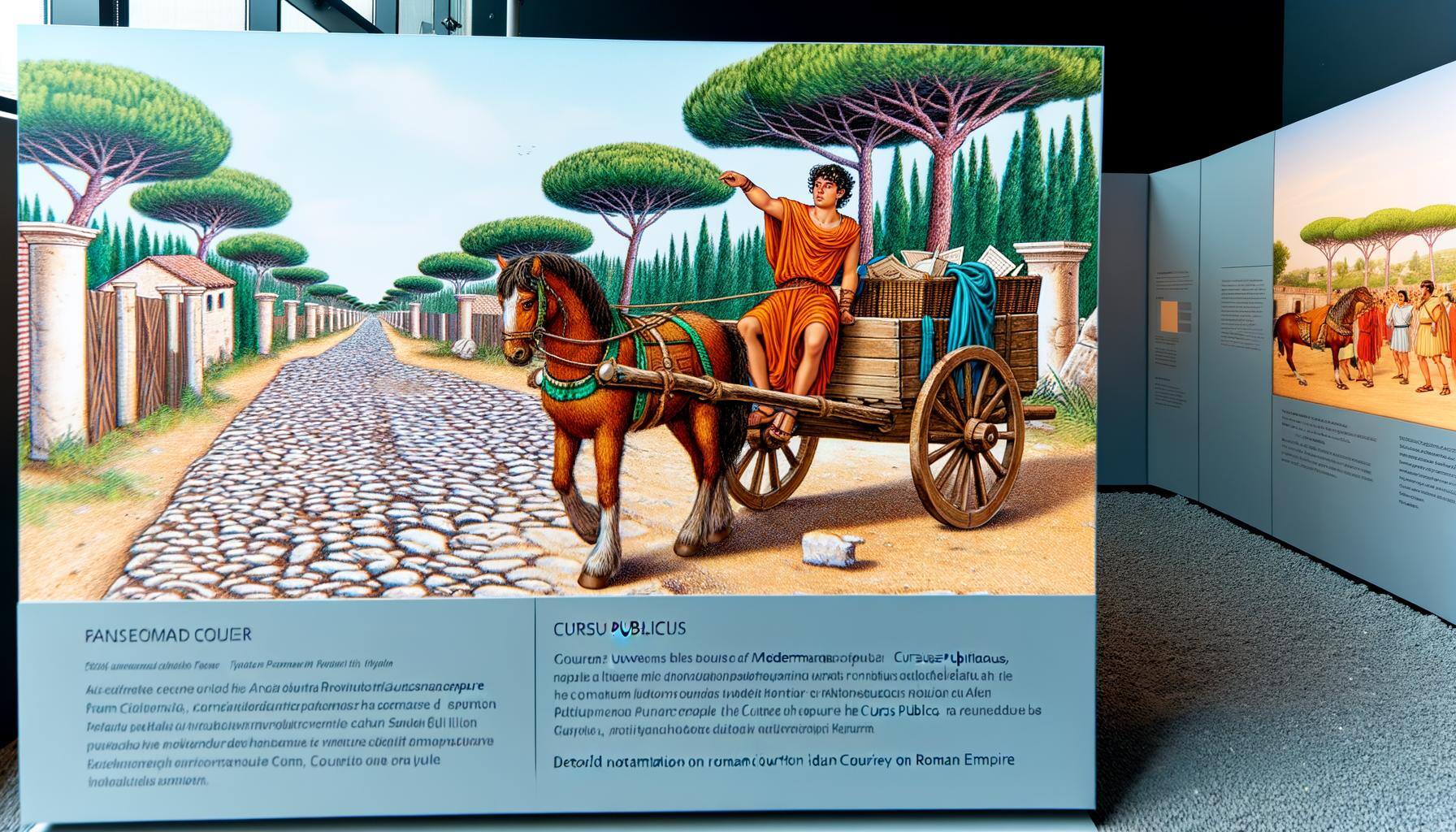 Ancient Roman Empire Cursus Publicus iuvene travels in cart pulled by horse with letters along the Roman road network-1