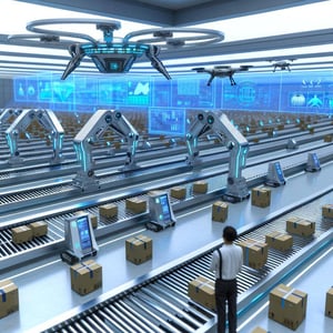 Futuristic parcel sorting center with robots