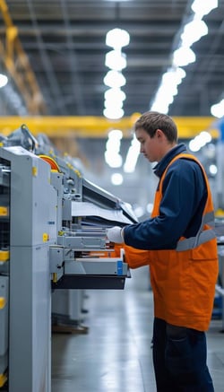 Person performing maintenance in a large mail production facility with automation equipment