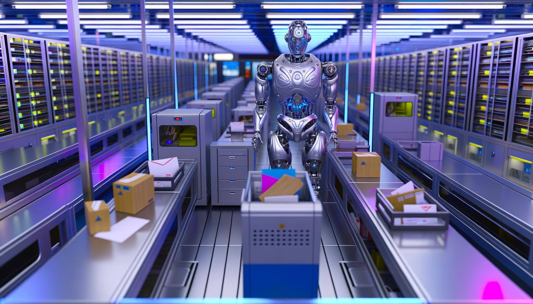 Robot as postal worker in post office, futuristic