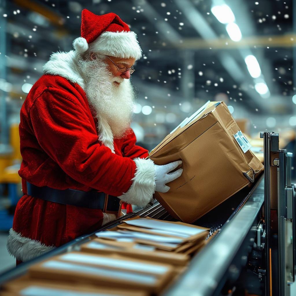 Santa Claus at mail production facility loading letters and packages from automated conveyors into his bag