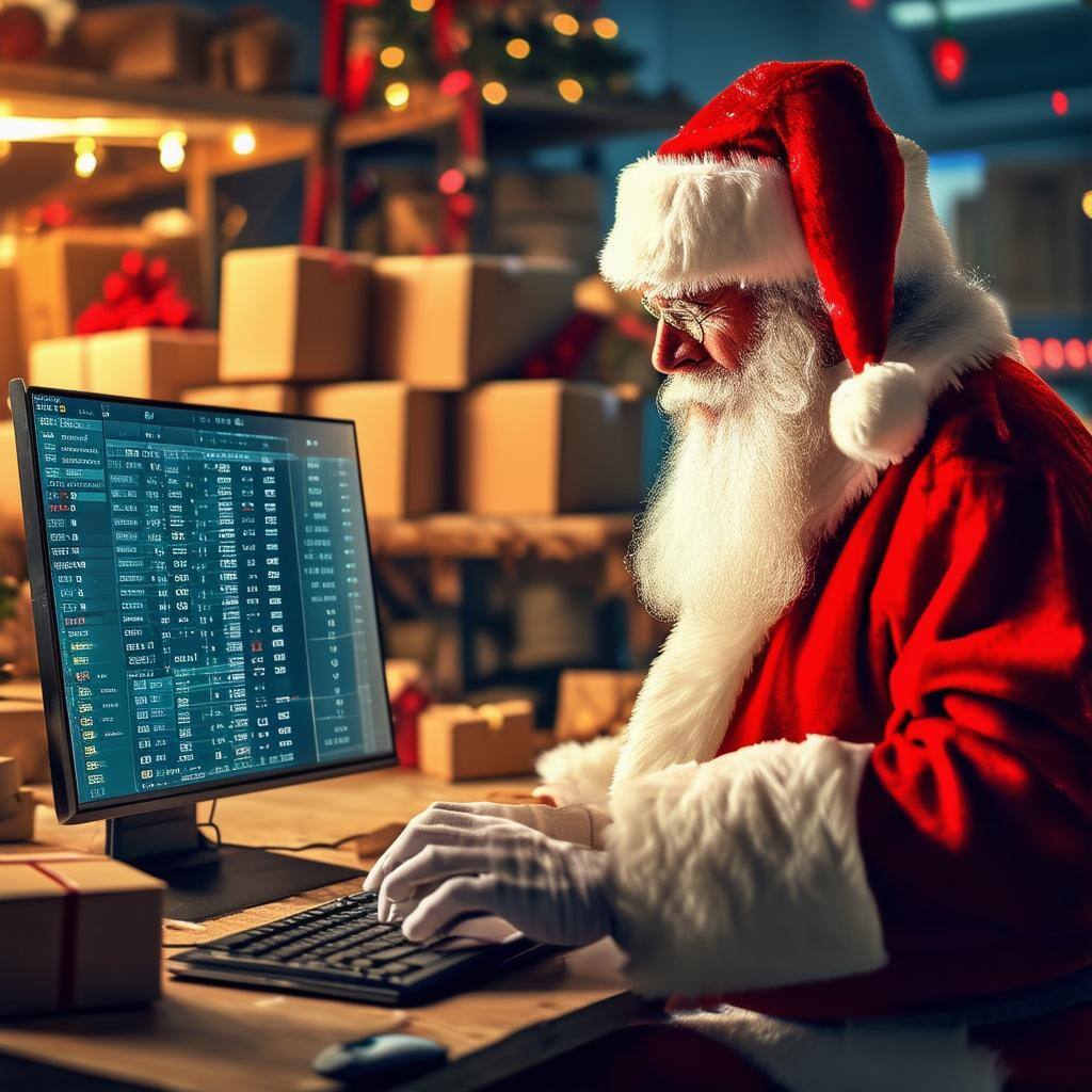 Santa Claus monitoring his packages for delivery on a computer screen with a workshop background