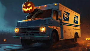 USPS mail truck driven by a ghoul with a scary head