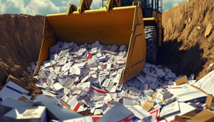 a close up of a bulldozer pushing mail into a round deep pit filled with clean, unopened postal mail and packages