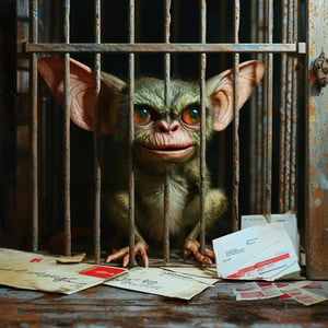 a gremlin in a cage with unopened postal letters nearby