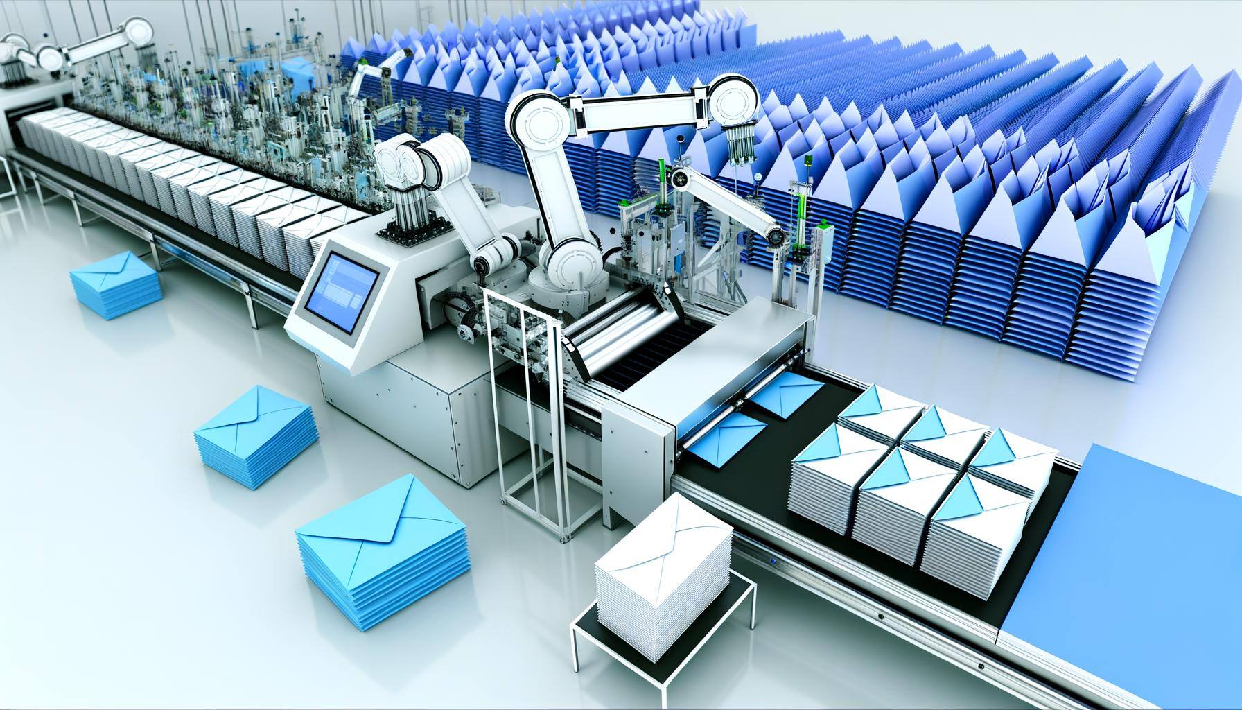 automated mailing operations, blue tones, lots of envelopes