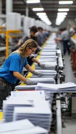 busy direct mail production facility with workers