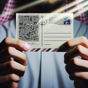 close up of someone receiving a postcard with QR code printed on it through the mail