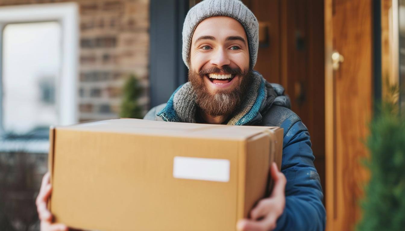 closeup of a delighted customer at homes doorway receiving the delivery of package in a box made from recycled materials