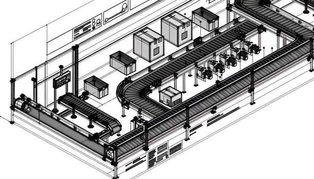 closeup of engineering diagram for a large automated parcel sorting system