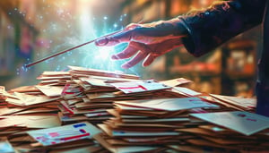 closeup of someone waving a magic wand over neatly stacked mail