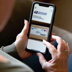 closeup person viewing a photo of their USPS postal mail before it arrives for informed delivery by using their cell phone