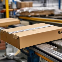 corrugated shipping carton being weighed and measured