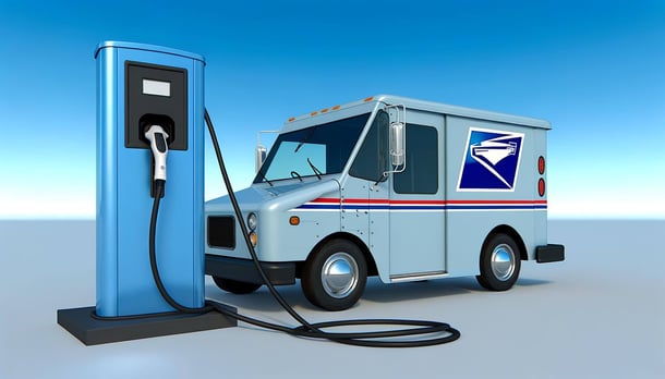 environmentally friendly electric powered USPS mail truck plugged into charging station