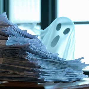 extreme close up of a haunted pile of paperwork forms on a desk being eaten by a transparent ghost