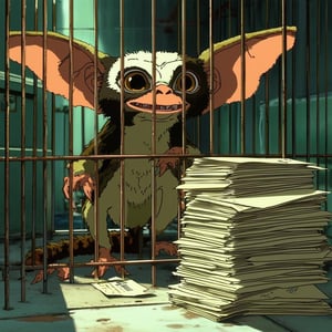 gremlin in cage with a stack of undelivered mail