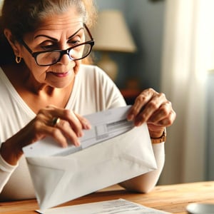older person with reading glasses examining bank statement delivered with postal mail-1