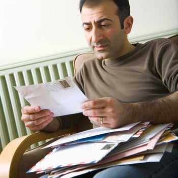 person engaged in reading postal letter with pile of mail on lap