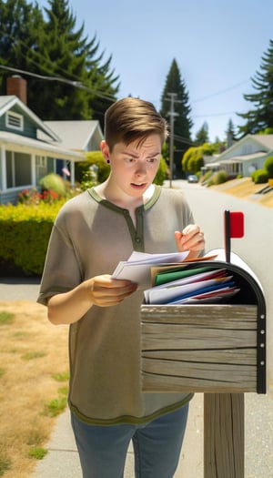 person in their 20s engaged in looking at and opening mail from mail box