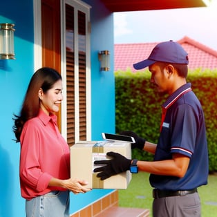 person receives package at home from courier service-3