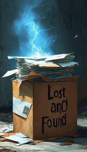 stack of undelivered mail in a box that says lost and found on the side with a curse hovering over it