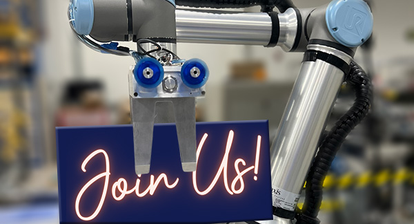 BlueCrest cobot holds sign to join us at Innovation Summitcobot-email