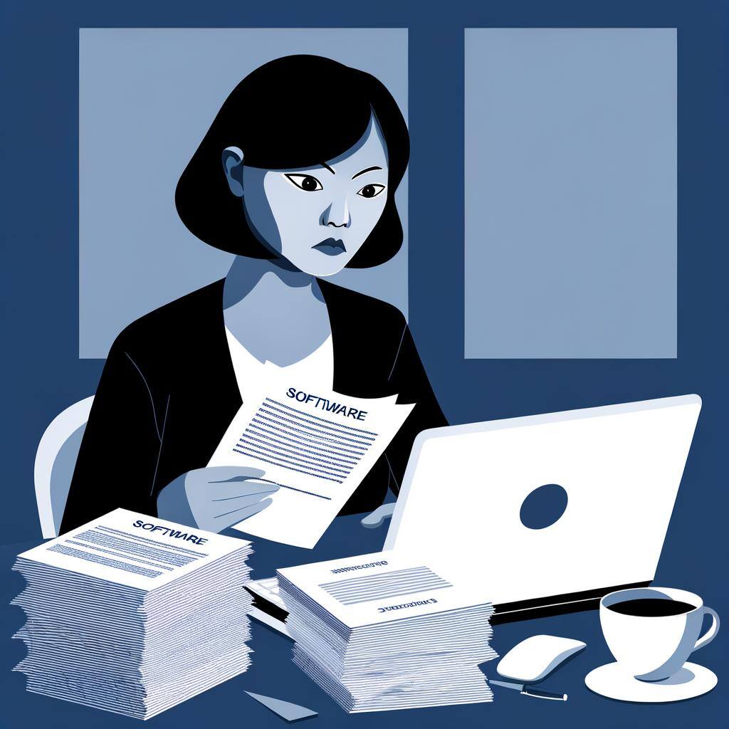 person studying legal documents for software, blue, monochromatic